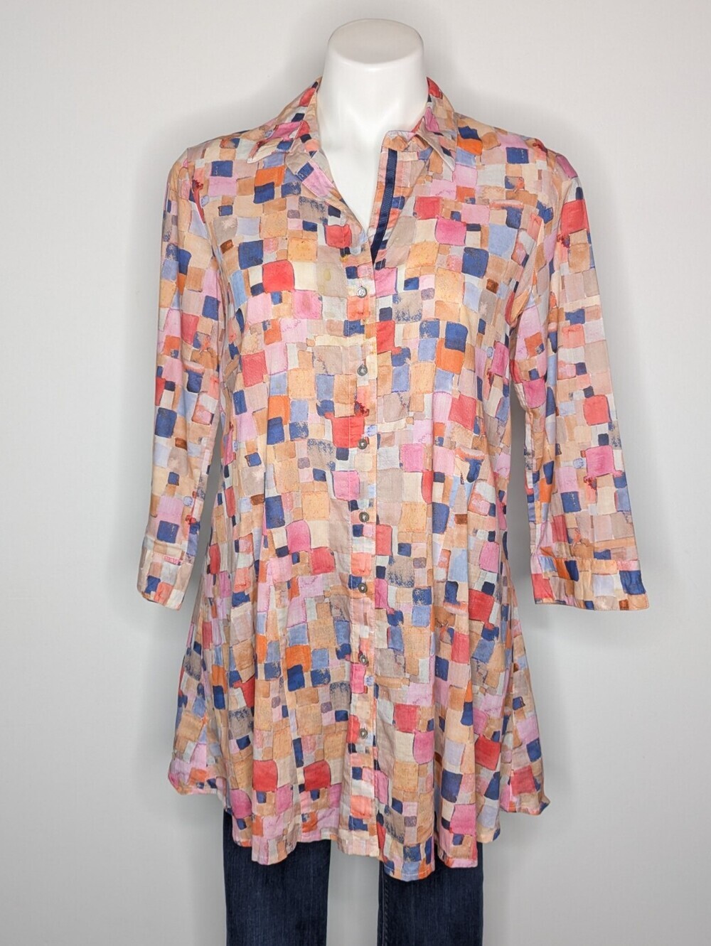 Nic + Zoe Red Pink Orange Geometric Cotton Button Up Blouse XS